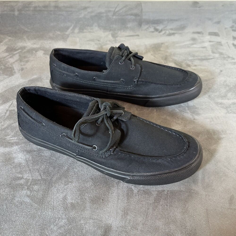 Sperry 11.5 2 Eye Black Canvas Boat Shoes Leather Lace Non Slip Men’s Classic